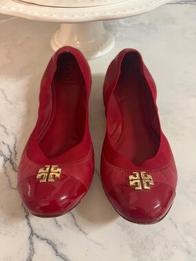 Tory Burch Red Patent Leather Logo Flats